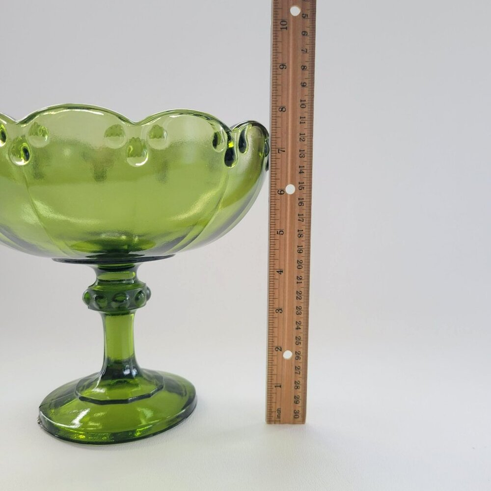 Vintage Indiana Glass Garland Pedestal Compote Dish, Avocado Green Teardrop Edge - Picture 10 of 10